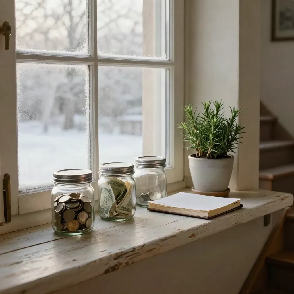 Winter windowsill with savings jars, a plant and a closed ledger in soft morning frost light.