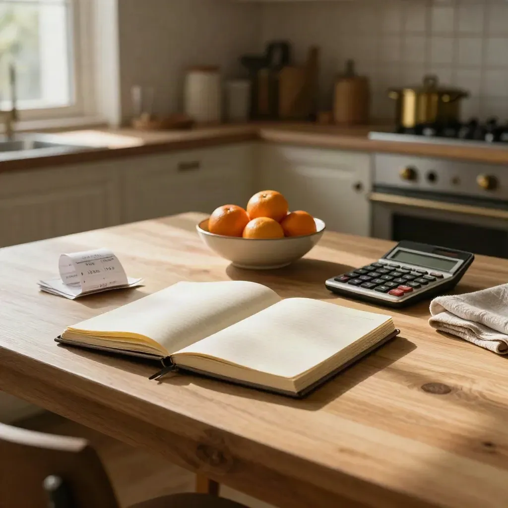 Kitchen budget spread with receipts, notebook, calculator and fruit bowl in warm afternoon light.