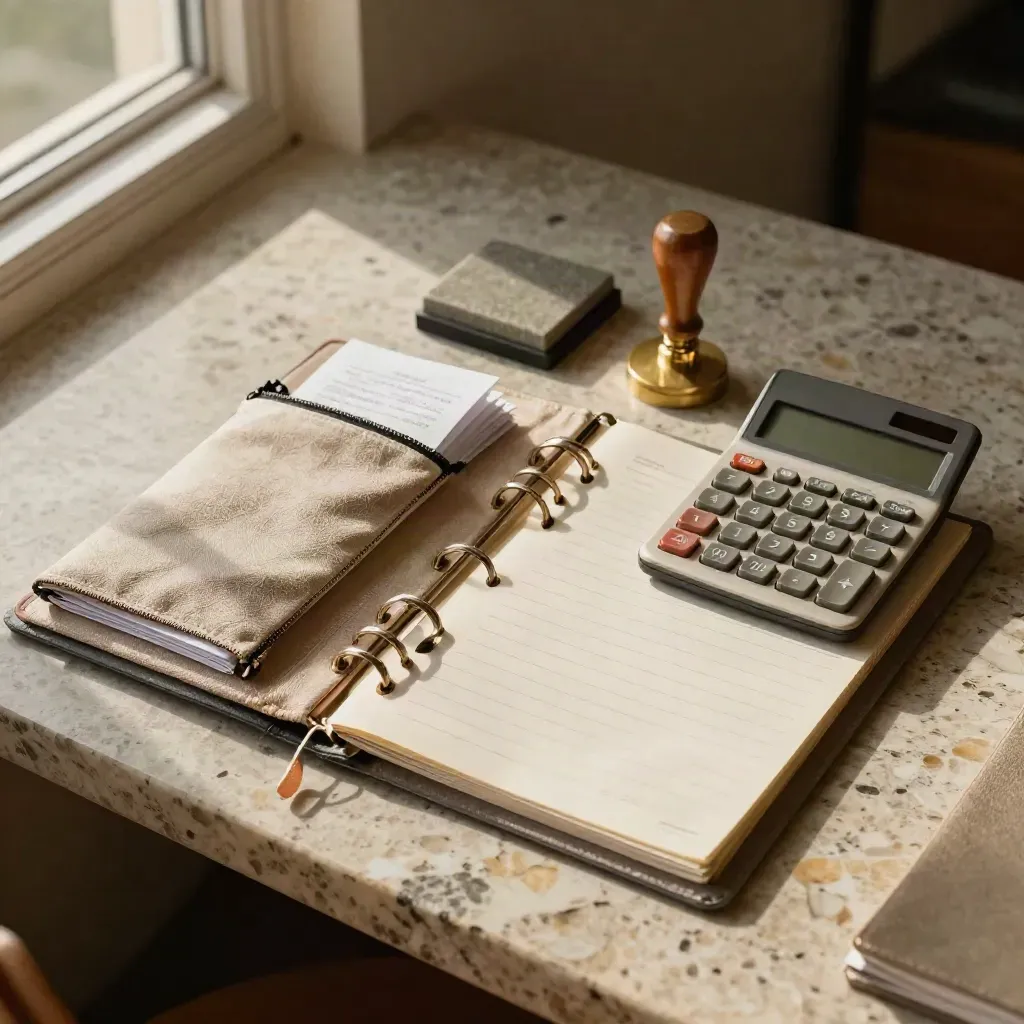 Overhead expense-report station with receipts, folder, stamp pad and calculator on stone.