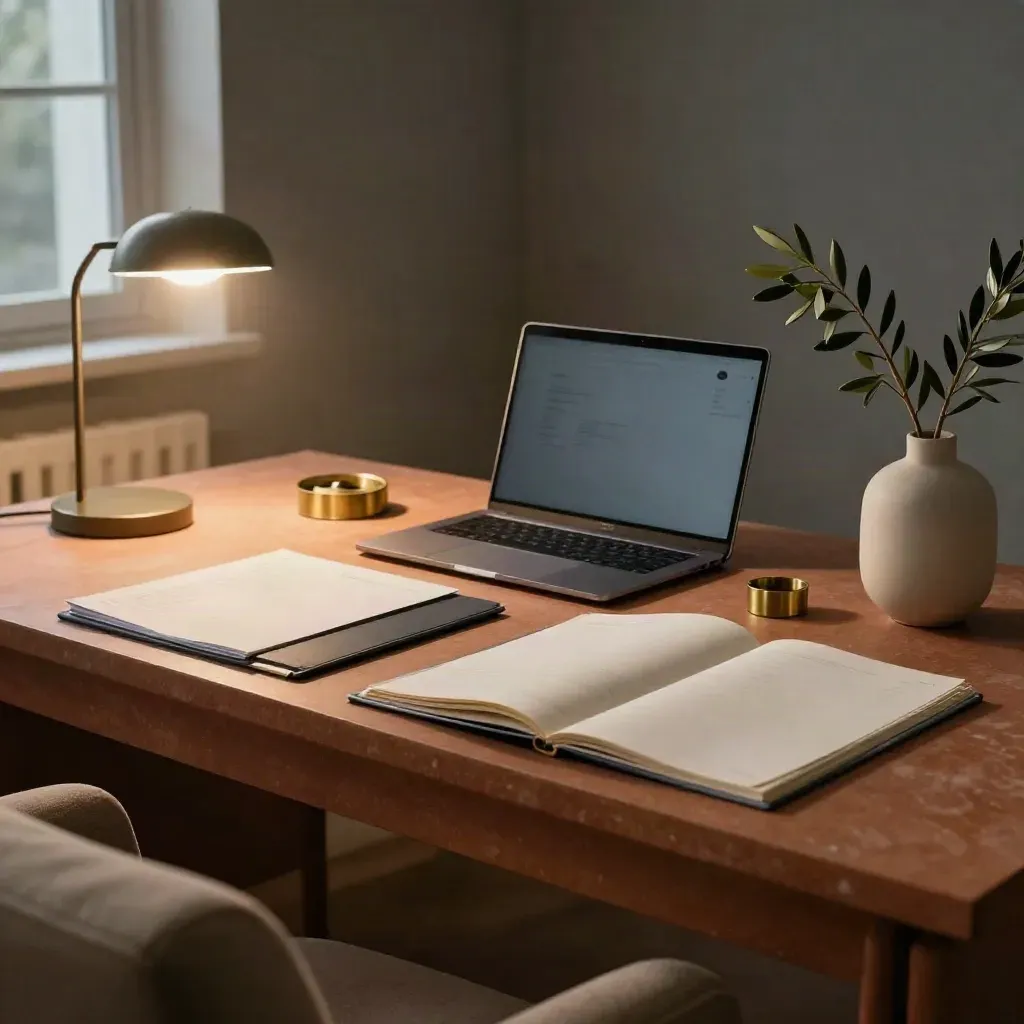 Moody desk with closed laptop, folders, brass weight and olive branch under lamp light.