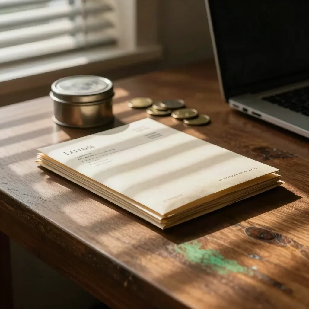 Macro of invoice envelopes, cash tin and closed laptop edge on a sunlit studio desk