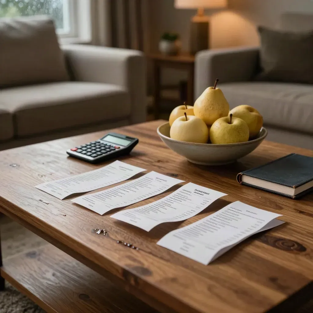 Living room coffee table with receipts, calculator, fruit bowl and notebook in evening lamplight.