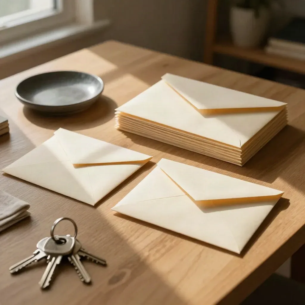 Overhead view of split bill envelopes, ceramic dish, and blurred house keys on a warm desk.