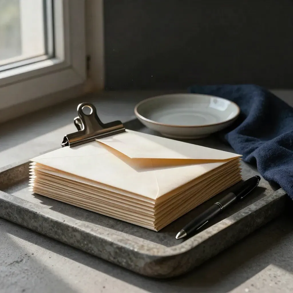 Debt reduction still life with envelopes, clip, dish, pen and navy cloth on a stone tray