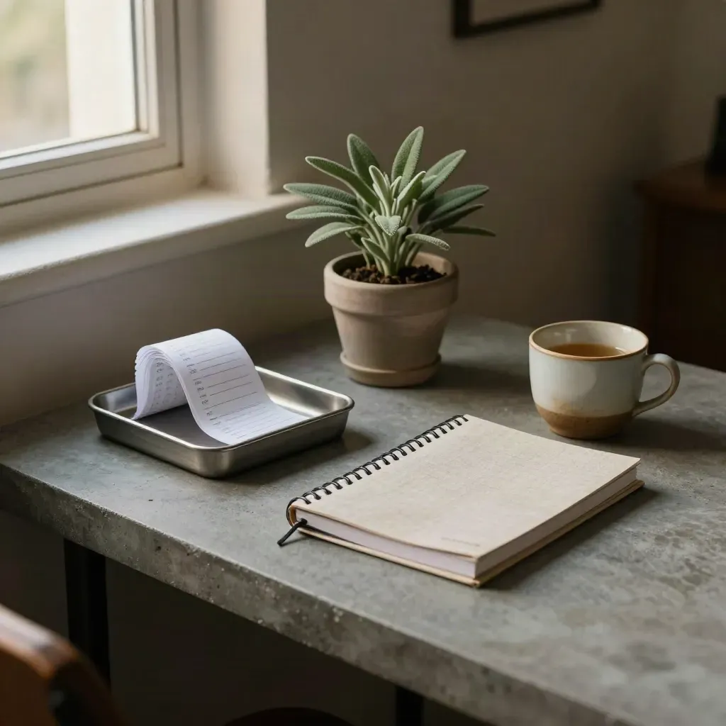 Receipt tray, ledger notebook, plant and cup on a slate desk corner in soft evening light.